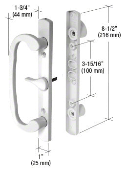 A white aluminum mortise-style sliding door handle set shown with dimensional measurements for the body and screw hole spacing.