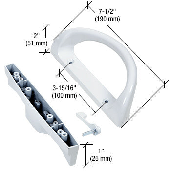 A white aluminum sliding glass door handle set shown with dimensional technical drawings indicating a 7-1/2 inch body length and 3-15/16 inch hole spacing.