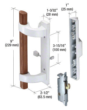 A white sliding glass door handle with a wood grip and included mortise lock mechanism shown with dimensional technical specifications.