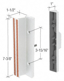 A white aluminum mortise-style sliding glass door handle shown with dimensional technical drawings indicating a 3-15/16 inch hole spacing.