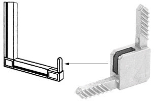 A white square storm window corner component featuring locking fins for square cut frame fabrication.