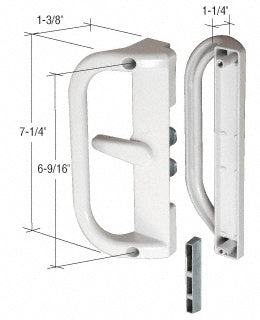 A white aluminum surface-mounted hook style handle for sliding doors shown with dimension lines indicating a 6-9/16 inch hole spacing.