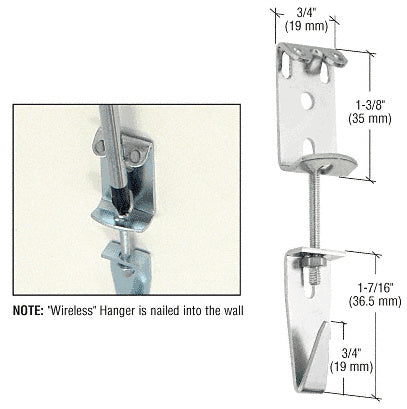 A metal wireless mirror and picture hanger with adjustable components shown in a technical diagram and installation view.