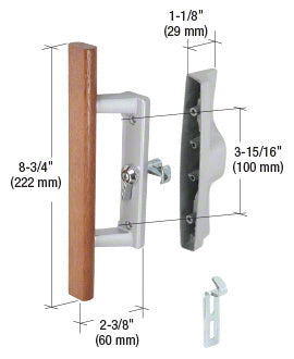 A non-keyed sliding glass door handle set featuring a wood pull, aluminum housing, and technical dimension labels for Viking door installation.