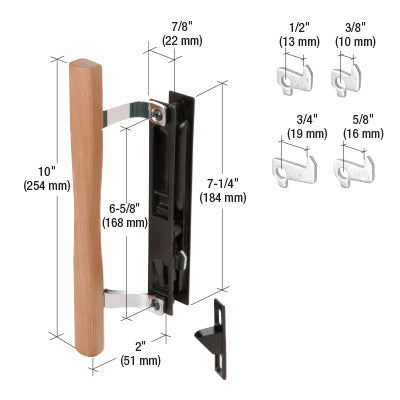 A CRL flush mount keyed handle set with a wood pull, black aluminum housing, and four interchangeable hooks shown with dimensional measurements.