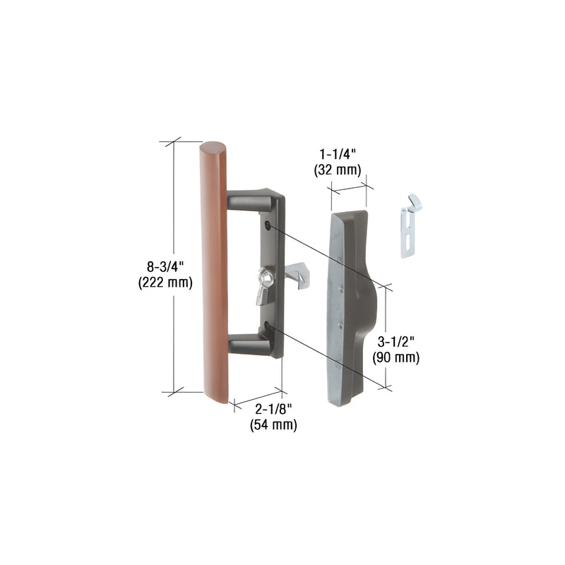A technical diagram showing the components of a wood and black aluminum keyed handle set with 3-1/2 inch mounting hole spacing.