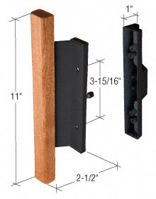 A CRL mortise-style door handle featuring an 11-inch wood grip and black aluminum housing with 3-15/16 inch mounting holes.