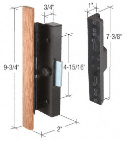 A CRL clamp-style surface mount handle featuring a wood pull and black aluminum body with dimension callouts.