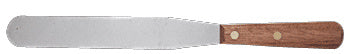A flat and flexible steel spatula with an 8-inch blade and a wooden handle secured by two rivets.