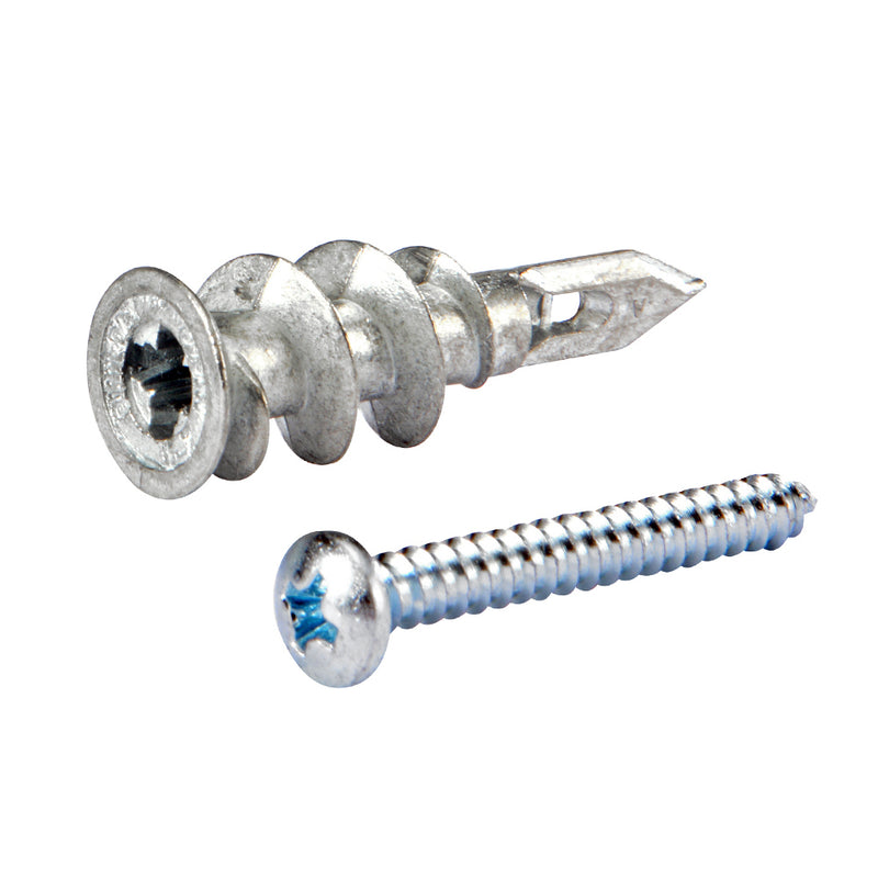 A zinc dry wall anchor is shown next to a #8 pan head Phillips screw.