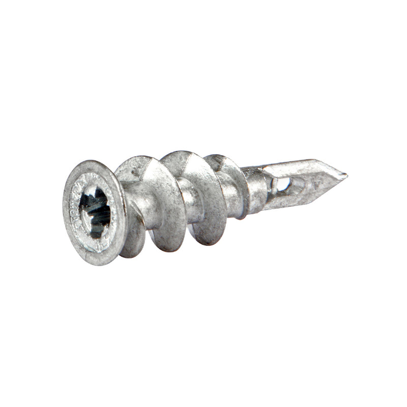 A single zinc-plated EZ-Anchor for drywall featuring a flat head and drill point thread design.