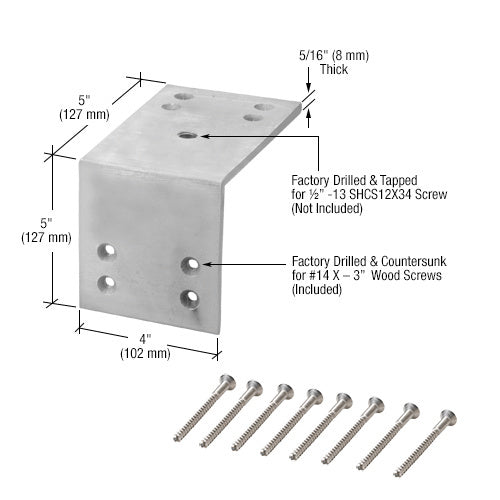 A zinc-plated steel L-angle bracket with pre-drilled holes shown alongside seven included wood screws.