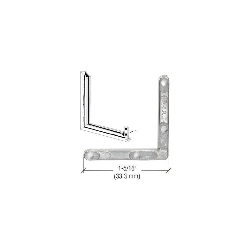 A zinc storm window corner connector shown with a diagram illustrating its placement in a miter cut frame.