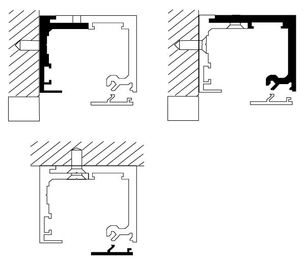 Technical line drawings showing various mounting configurations for the CRL490/495 Series satin anodized top track kit.