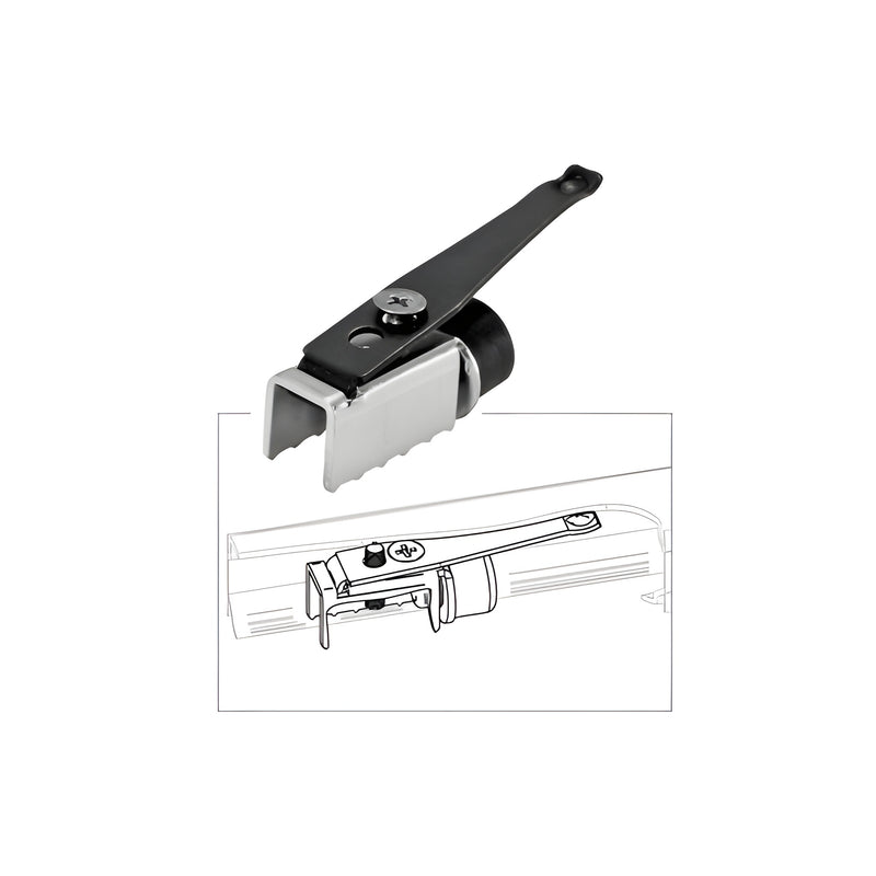 A metal roller stop component for the CRL50/51 series shown with a technical diagram of its installation on a track.