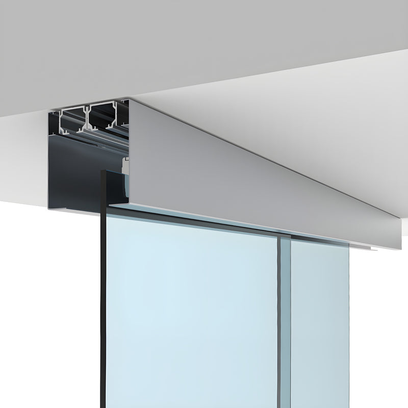 A close-up view of the satin anodized ceiling track and mounting hardware for the CRL50 series telescoping glass door system.