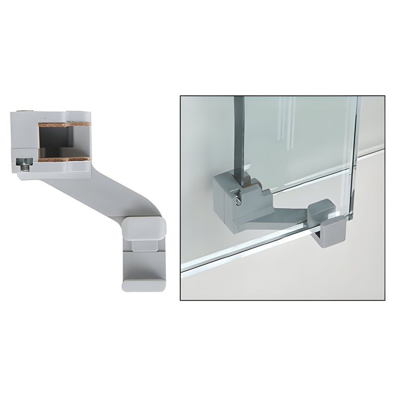 A grey CRL50 right hand telescoping floor guide shown isolated and installed on a sliding glass panel.