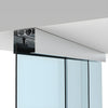 A close-up view of the satin anodized ceiling track system for a telescoping glass panel door.