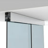 A close-up view of the satin anodized ceiling mount track system for a single sliding glass door and fixed sidelite.