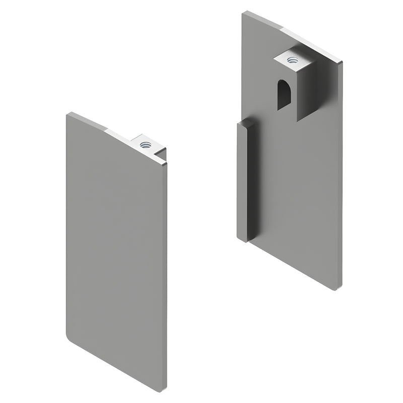 Two satin anodized end caps for the CRL50S2 series wall mount kit shown from different angles.