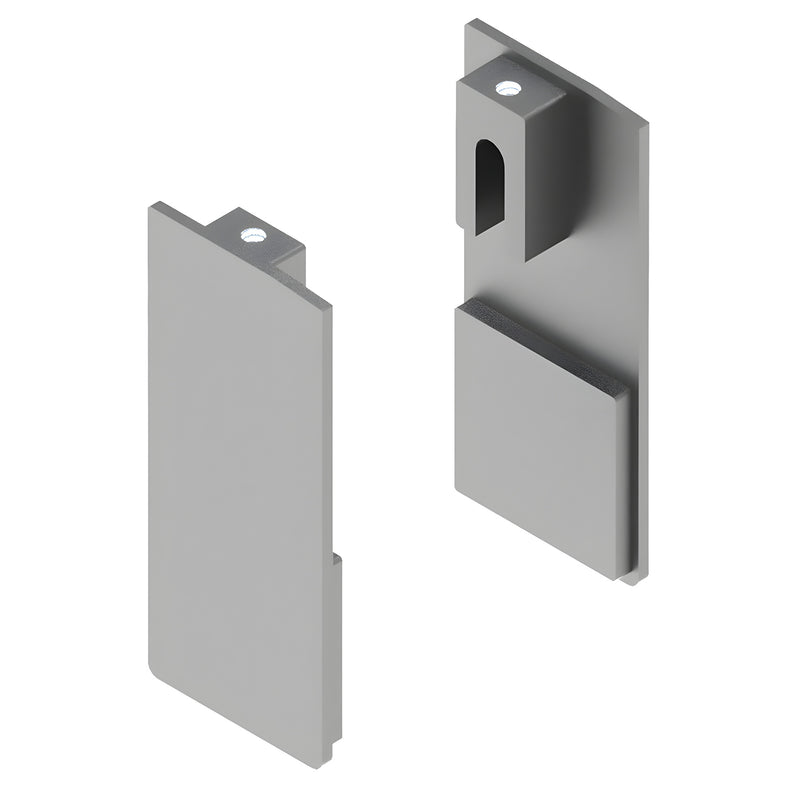 Two satin anodized CRL70 Series top track wall mount kit end caps, displaying both the flat exterior face and the interior mounting structure.