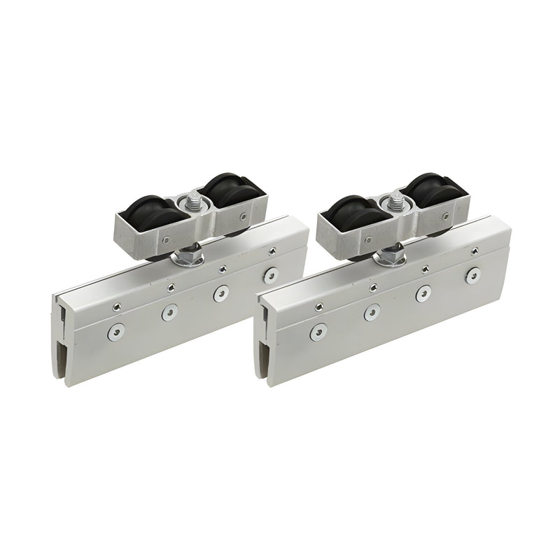 Two metal sliding door hanger assemblies featuring dual rollers and mounting brackets.