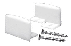 Two white plastic bottom guides and two mounting screws for glass panels.