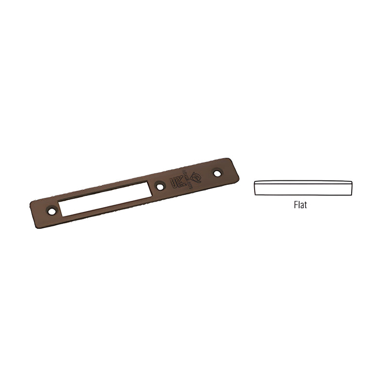 A dark bronze flat faceplate for an Adams Rite MS1853 series deadlock shown with a diagram indicating its flat profile.