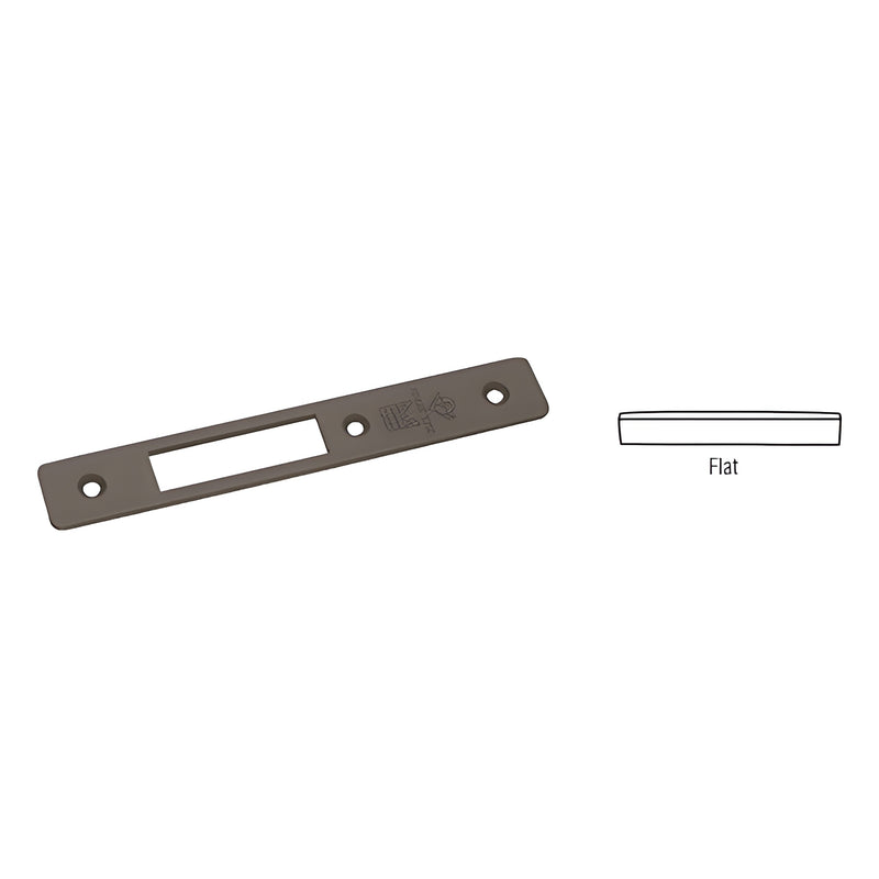 A dark bronze flat faceplate for Adams Rite MS1853H deadlocks shown with a diagram indicating its flat profile.