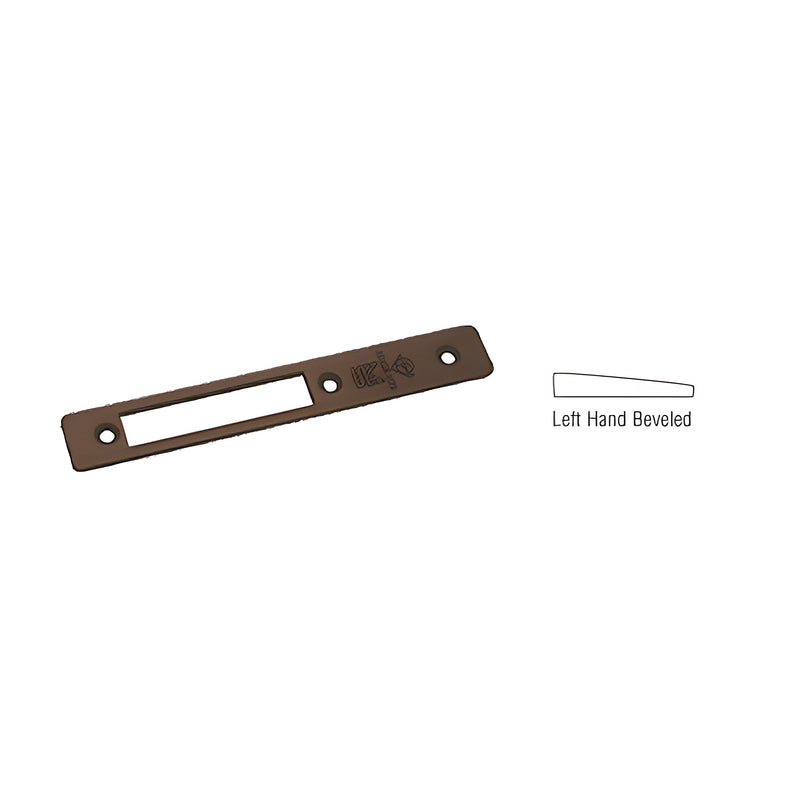 A dark bronze, left-hand beveled faceplate for Adams Rite MS1853 series deadlocks shown with a diagram of the bevel profile.