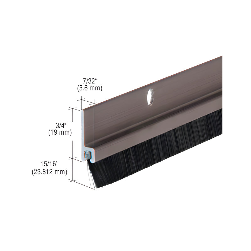 A close-up view of a 36-inch dark bronze door weatherstrip with black nylon bristles and labeled dimensional specifications.