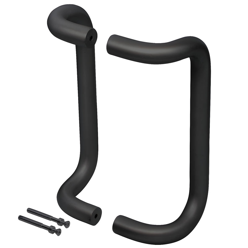 Two dark bronze offset door pulls are shown with the included back-to-back mounting hardware.