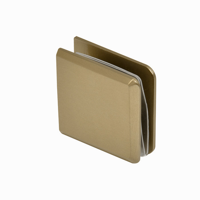 A close-up view of the dark brushed bronze heavy-duty glass clamp showing its beveled edge design.