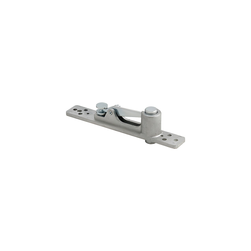 A metallic Dormakaba 15mm walking beam top pivot featuring a center-hung design with an adjustable spindle.