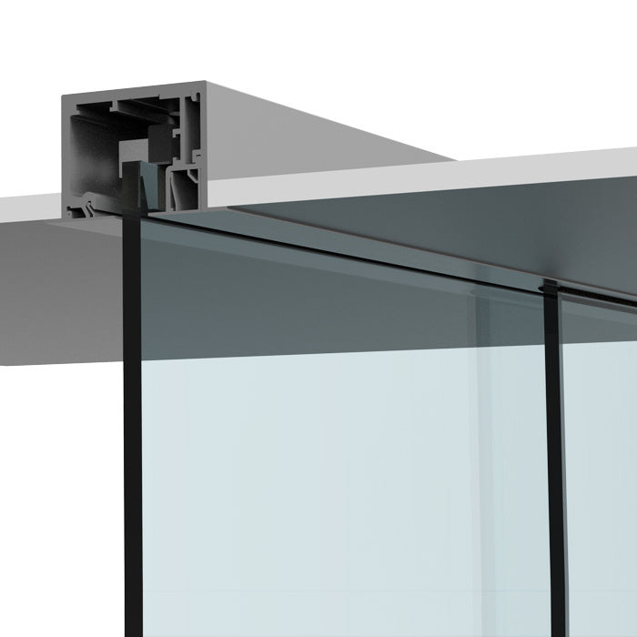 A close-up view shows the satin anodized track of the sliding door kit mounted into a drop ceiling.