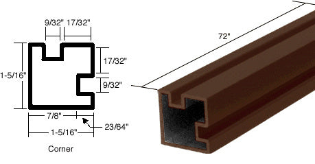 A 72-inch dark bronze anodized aluminum 90-degree corner post extrusion shown with a technical cross-section diagram.