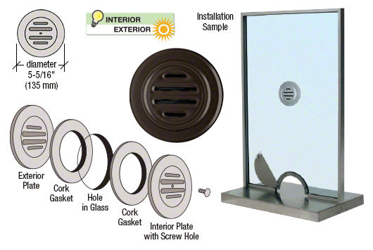 A diagram showing the components of a Duranodic Bronze aluminum no-draft speak-thru, including plates, gaskets, and an installation sample in glass.