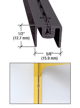 A close-up view of a dark bronze anodized aluminum wall standard showing its 1/2 inch by 5/8 inch profile dimensions and a mounted shelf bracket.
