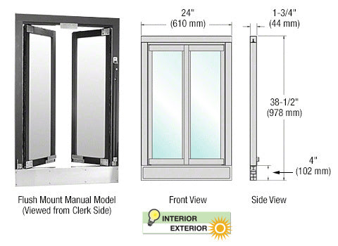 A technical diagram showing the front and side views of a manual bi-fold service window with a duranodic bronze anodized aluminum frame.