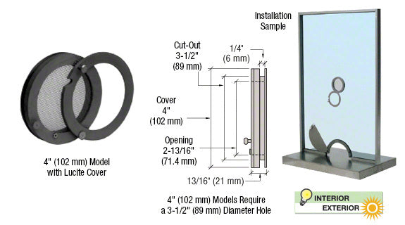 A technical diagram showing the 4-inch Duranodic Bronze speak-thru unit, its installation dimensions, and a sample mounted on a glass panel.