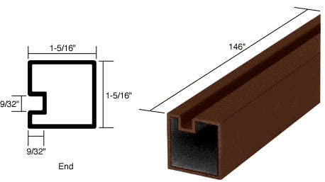 A technical diagram and perspective view of a dark bronze square aluminum end post extrusion with a 9/32-inch glazing pocket.