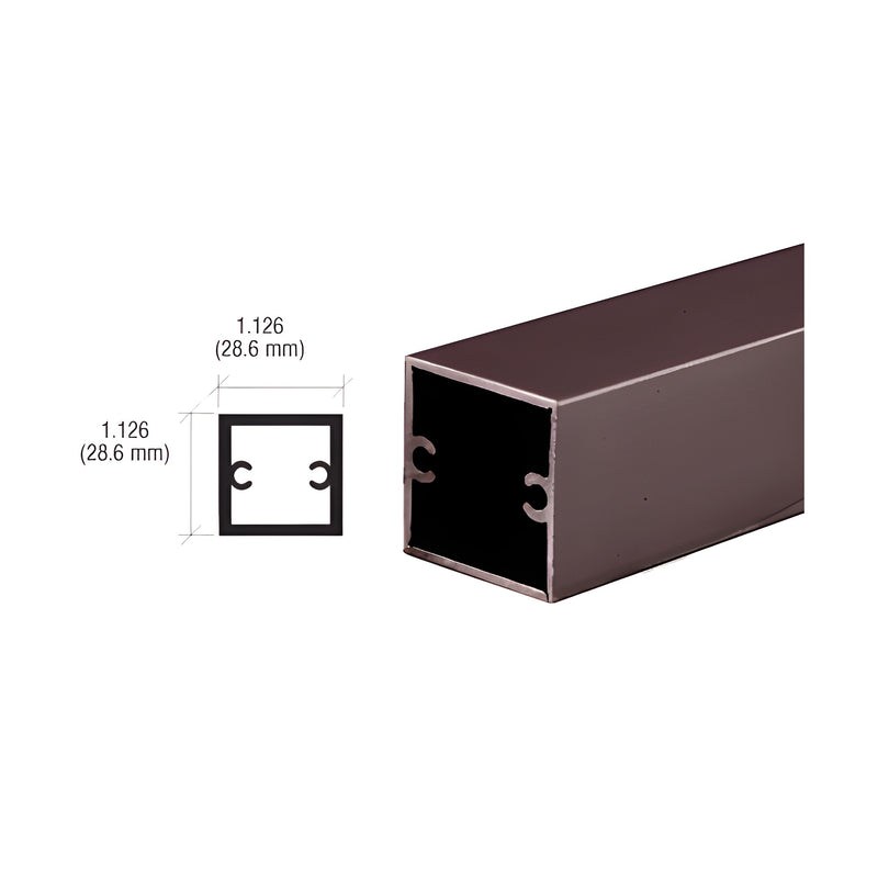 A dark bronze anodized aluminum square tube shown with a technical cross-section diagram indicating 1-1/8 inch dimensions.
