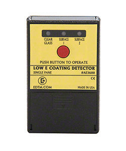 A handheld EDTM Low-E glass detector featuring a yellow control panel with a red push button and three indicator lights.