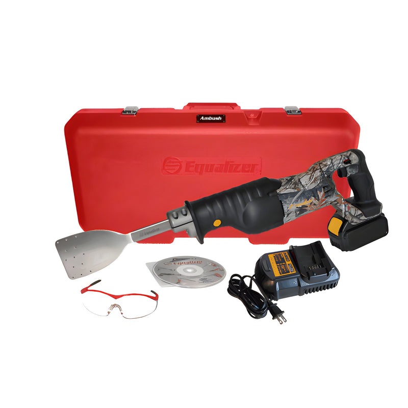 The Equalizer 20 Volt Cordless Express Tool kit includes a camo-patterned power tool, battery, charger, safety glasses, and a red carrying case.