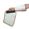 A hand demonstrates the fit of a white polyester mesh wrist protector with brown trim.