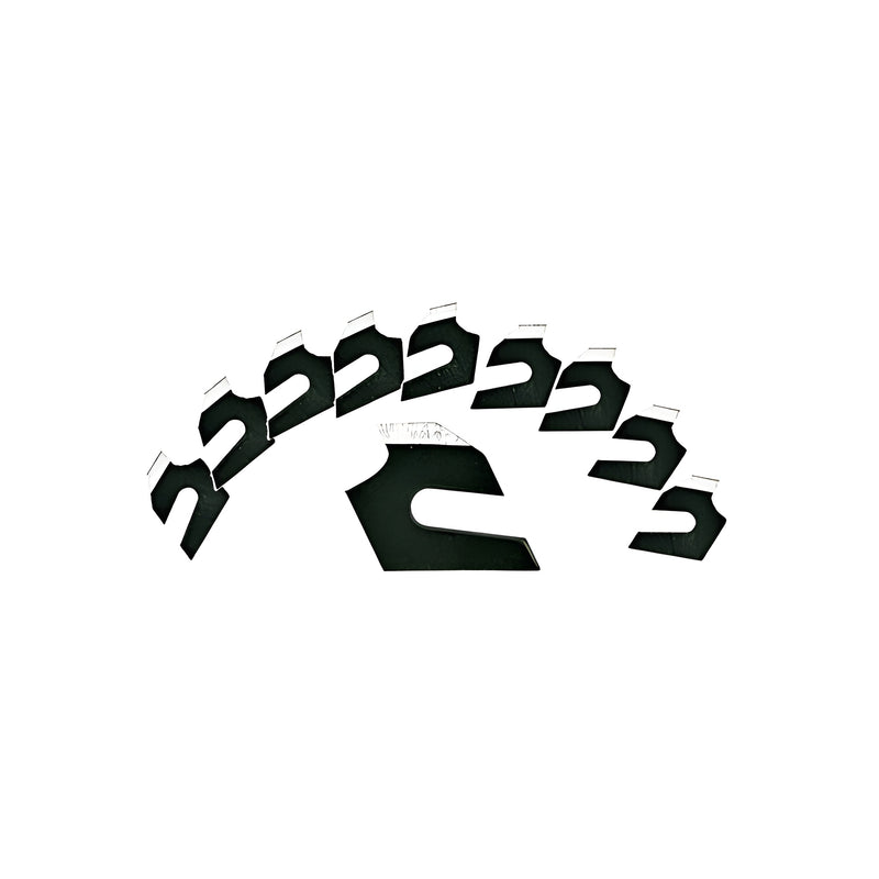 A collection of ten black Fletcher replacement plastic cutting blades arranged in an arc.