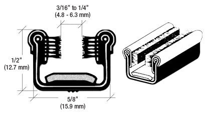 A technical diagram showing the cross-section and profile of a black flexible channel with pile lining for glass panels.