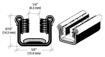 A technical diagram showing the cross-section and perspective view of a black flexible channel with a pile liner for 1/4 inch glass.