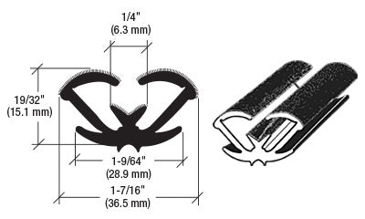 Technical diagram showing the cross-section profile and dimensions of the black flexible flocked rubber glass run channel.