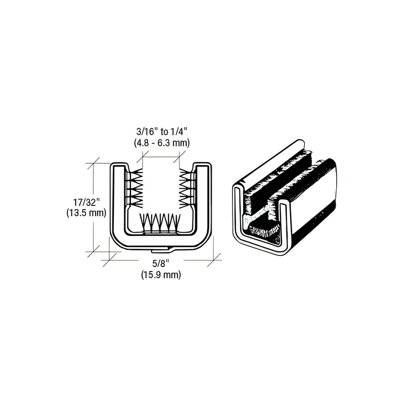 Technical line drawing showing the cross-section and dimensions of a black flexible glass run channel for vintage trucks.